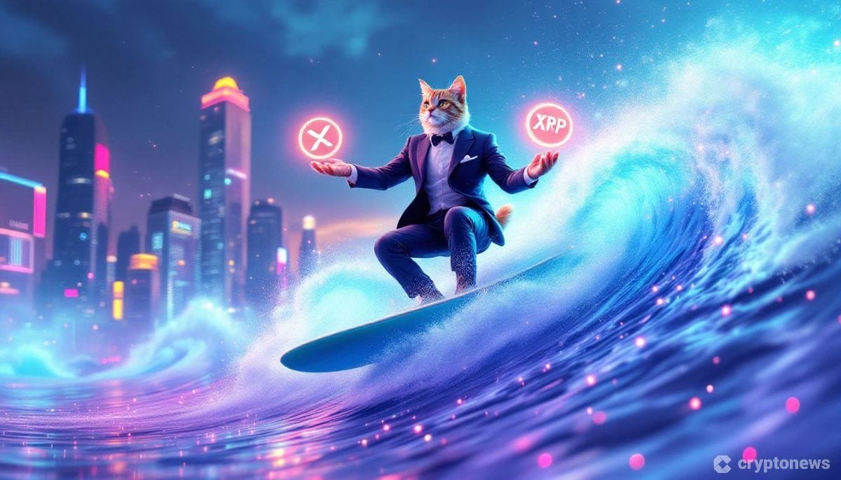 ビジネススーツを着た猫がXRPとソラナのロゴを操りながら、上昇する仮想通貨チャートの波に乗る未来的なデジタルアート