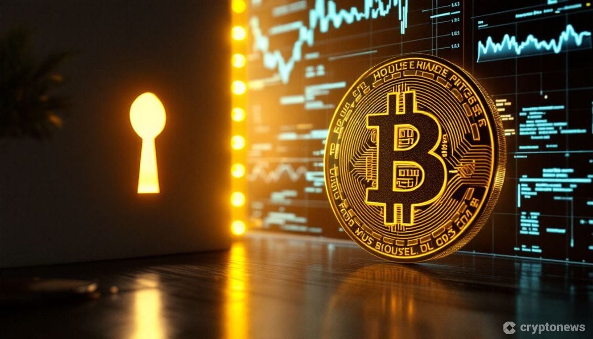 仮想通貨投資で住宅購入への扉が開かれることを表現した室内写真。ビットコイン型の光が鍵穴から差し込み、上昇する住宅価格チャートが壁に映し出されている。