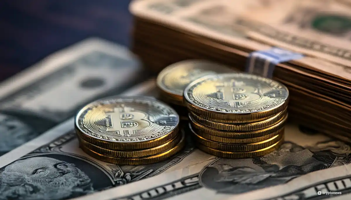 ドル紙幣の上に積み重ねられた金色のビットコイン実物大レプリカコイン。