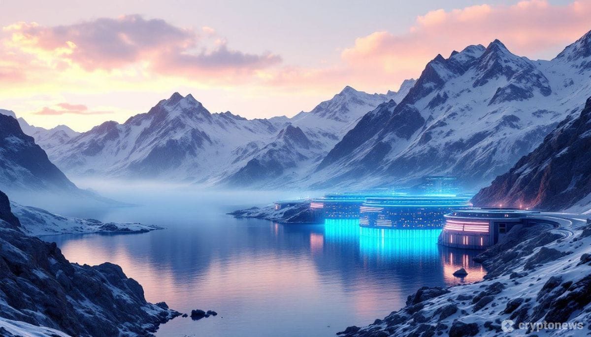 スイスアルプスの水力発電所にビットコインマイニング施設が統合された未来的な風景。持続可能なエネルギーと暗号資産の調和を表現