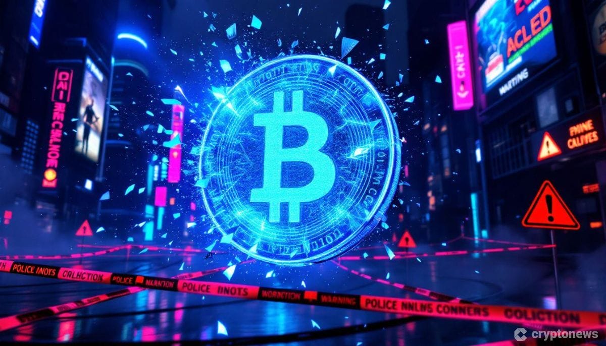 仮想通貨詐欺の世界的な広がりを表現した、都市景観を背景に砕け散る3Dホログラムのコインと警告サインのネットワーク