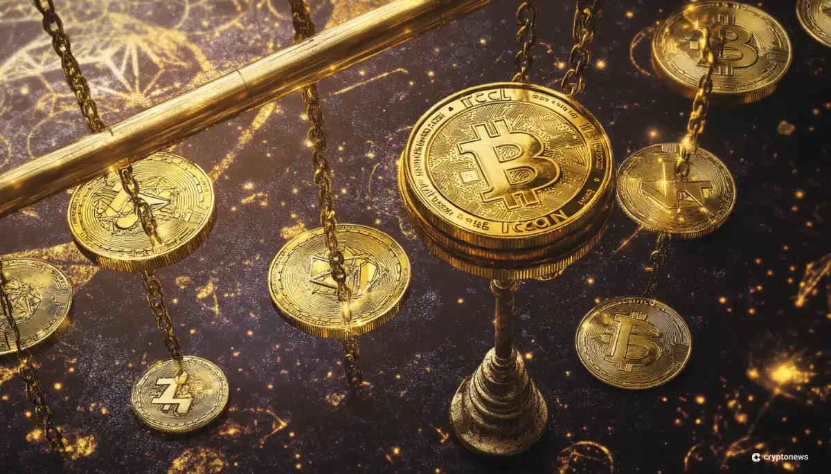 天秤のように金の鎖で吊るされた複数のビットコインのレプリカコイン。