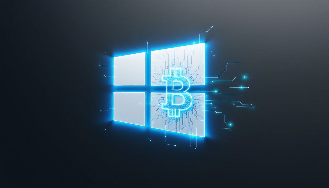 マイクロソフトのウィンドウズロゴからビットコインのシンボルへと変化する様子を、青く光る回路パターンで表現した未来的なイメージ