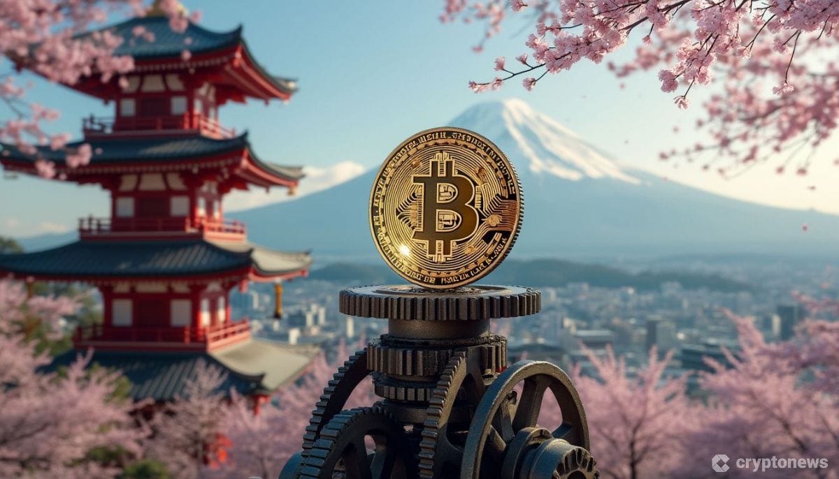 伝統的な日本の寺院を背景に、古い歯車の機構の上でバランスを取る巨大なガラス製ビットコインコイン。