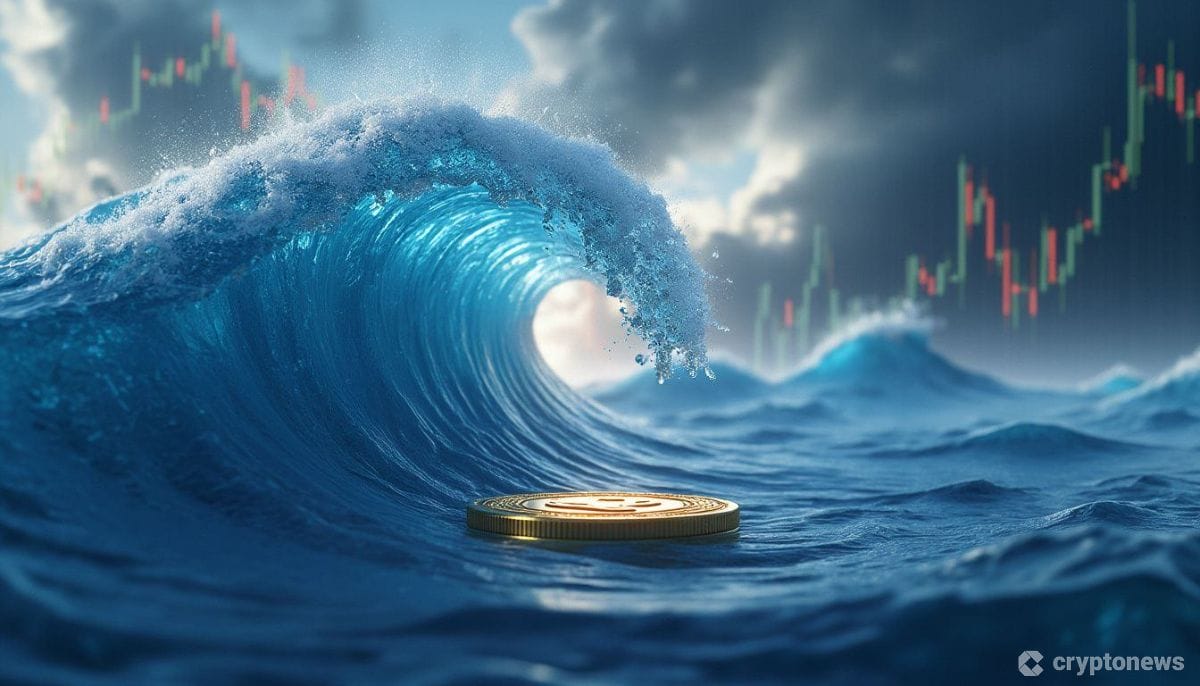 嵐の空を背景に、青い波紋がステーブルコインへと変化する3D表現。XRPの価格変動と未来への期待を象徴的に表現した構図