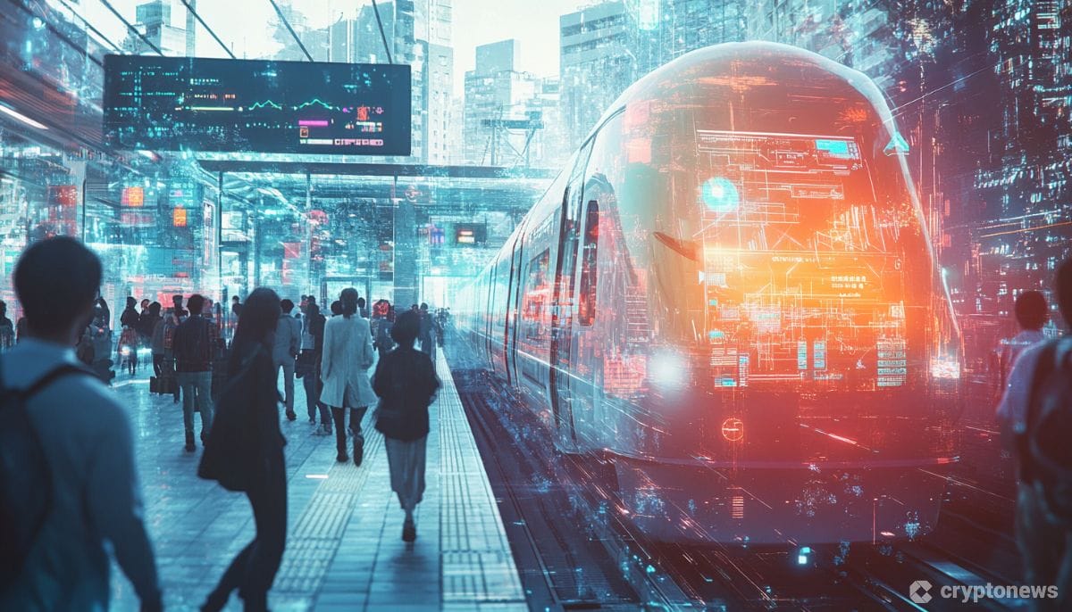 Suicaとブロックチェーン技術を統合した未来の都市生活のイメージ