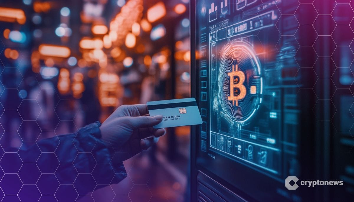 マイナンバーカードを未来的な決済端末にかざして仮想通貨で支払いを行っている様子