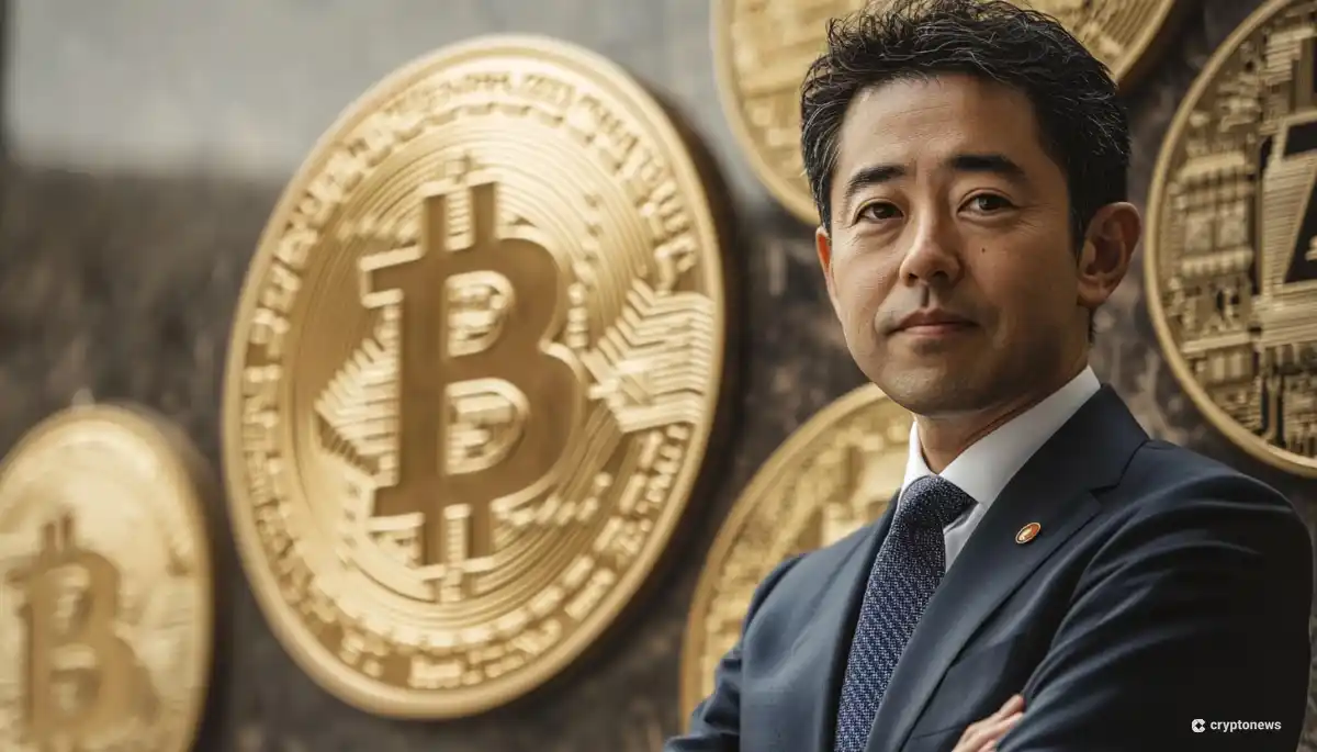 スーツ姿のアジア人男性が腕組みをしながら大きなビットコインのシンボルを背景に立っている。