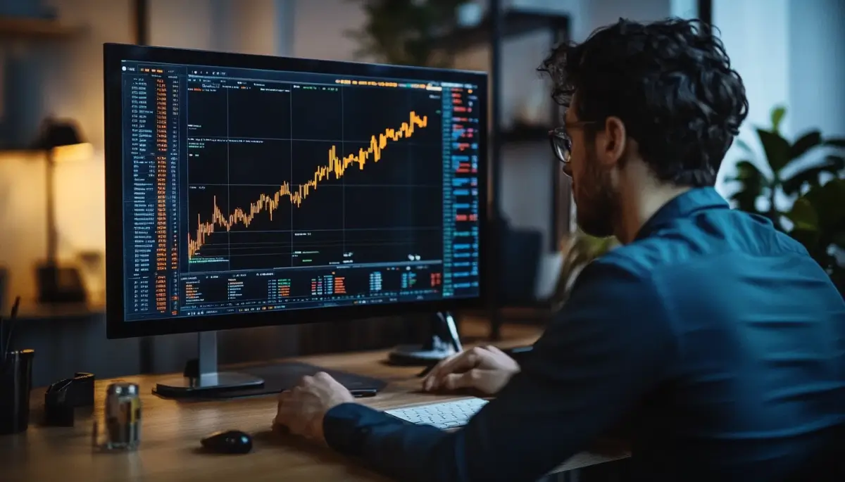 暗い室内で、青いシャツを着た男性がモニターで仮想通貨の価格チャートを分析している。