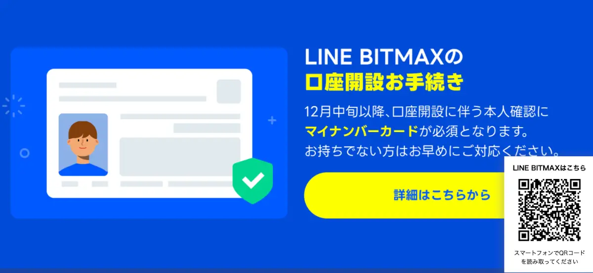 LINE BITMAXの口座開設手続きを説明する青い背景のバナー。