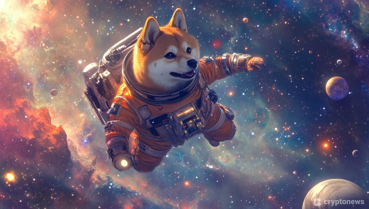 宇宙を漂う宇宙服を着たシバ犬のドージ