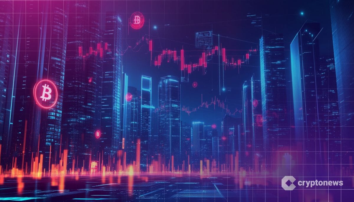 仮想通貨投資を象徴する、空中 に浮かぶホログラフィックの金融チャートとグラフが描かれた未来的な都市の画像
