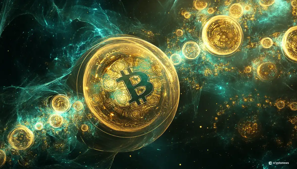 深い青緑色の宇宙空間を背景に、金色に輝くビットコインのシンボルが描かれた複数の球体が浮かんでいる。