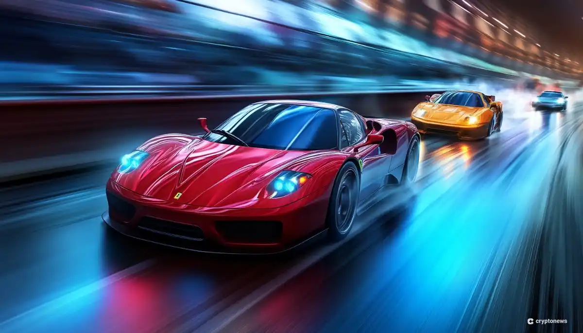 夜間のレーストラックを疾走する赤いフェラーリと黄色のスポーツカー。