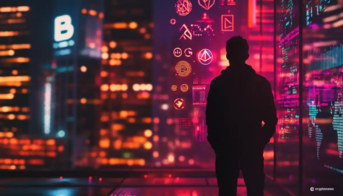 仮想通貨とブロックチェーン技術を象徴する未来的な都市景観。