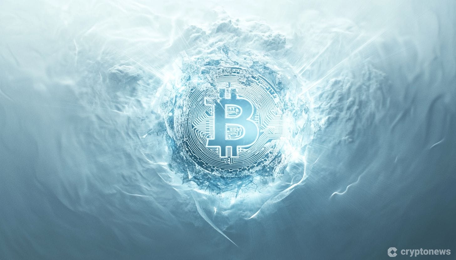 ビットコインのロゴとステーキングを表現した青い光線のイラスト