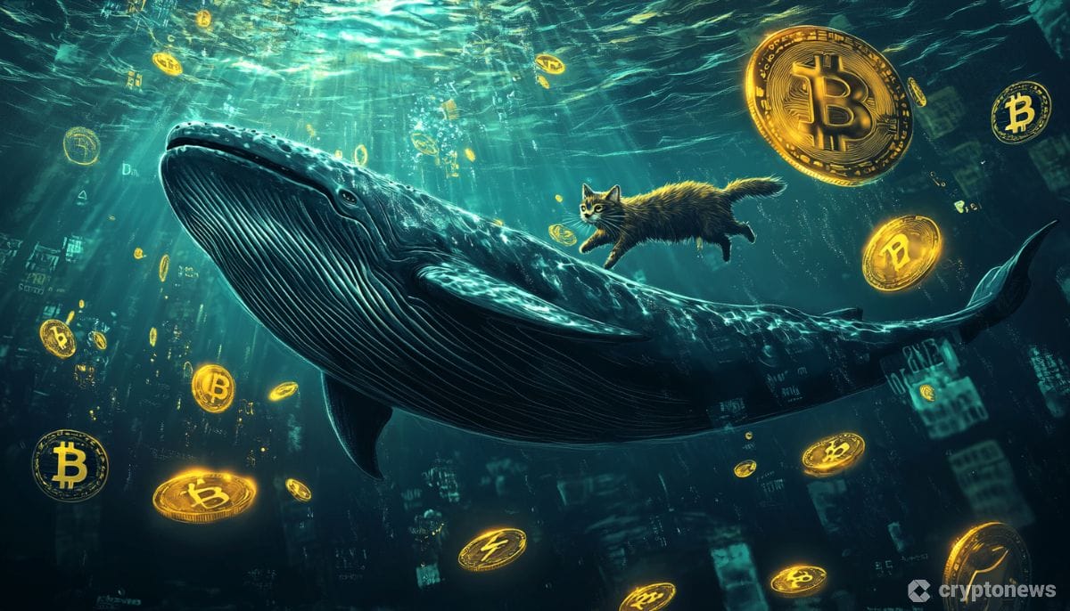 ドージコインのロゴの海を泳ぐクジラと猫のデジタルアート