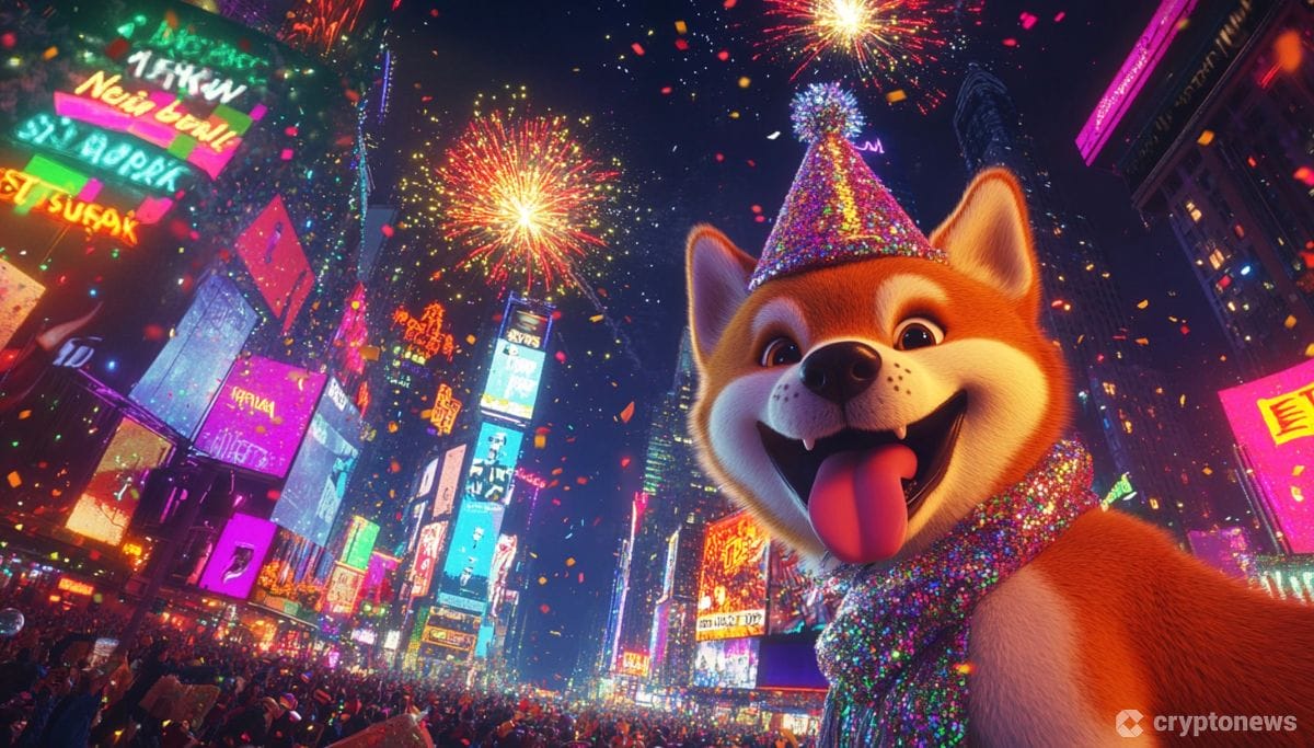 ニューヨークのタイムズスクエアで年越しを祝うDOGE犬