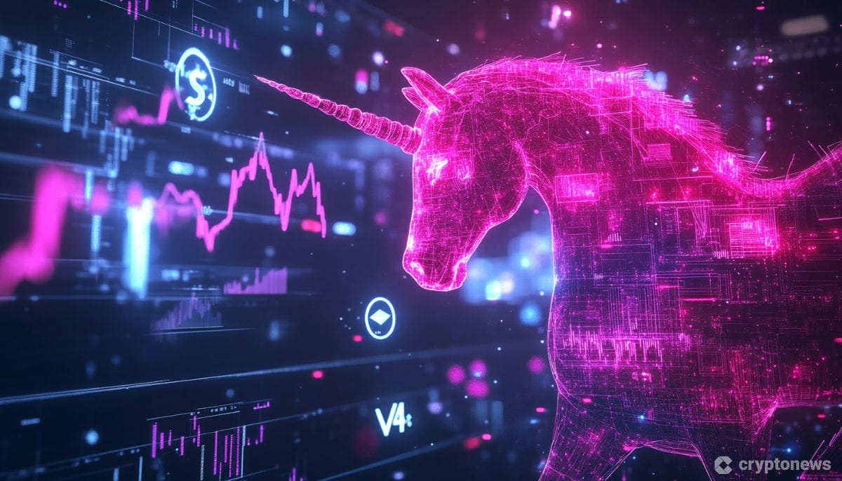 Uniswap V4のロゴとトレーディングチャートのホログラフィック表示