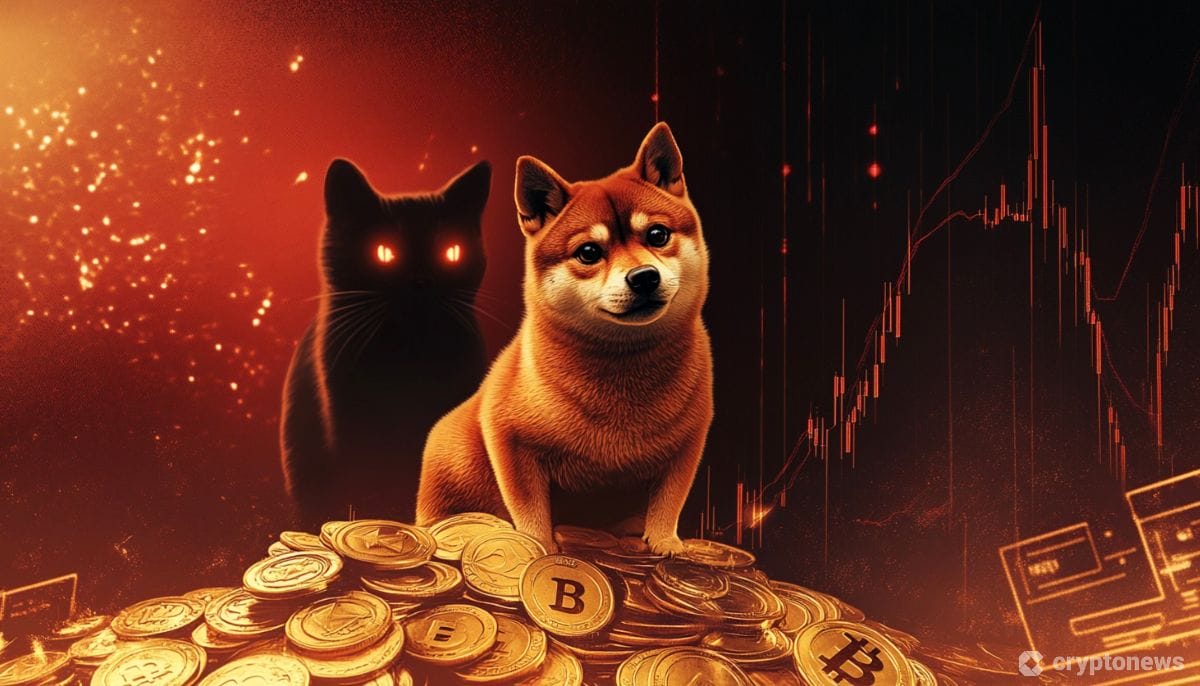 大量のビットコインの上に座る芝犬とその背後に潜む黒猫