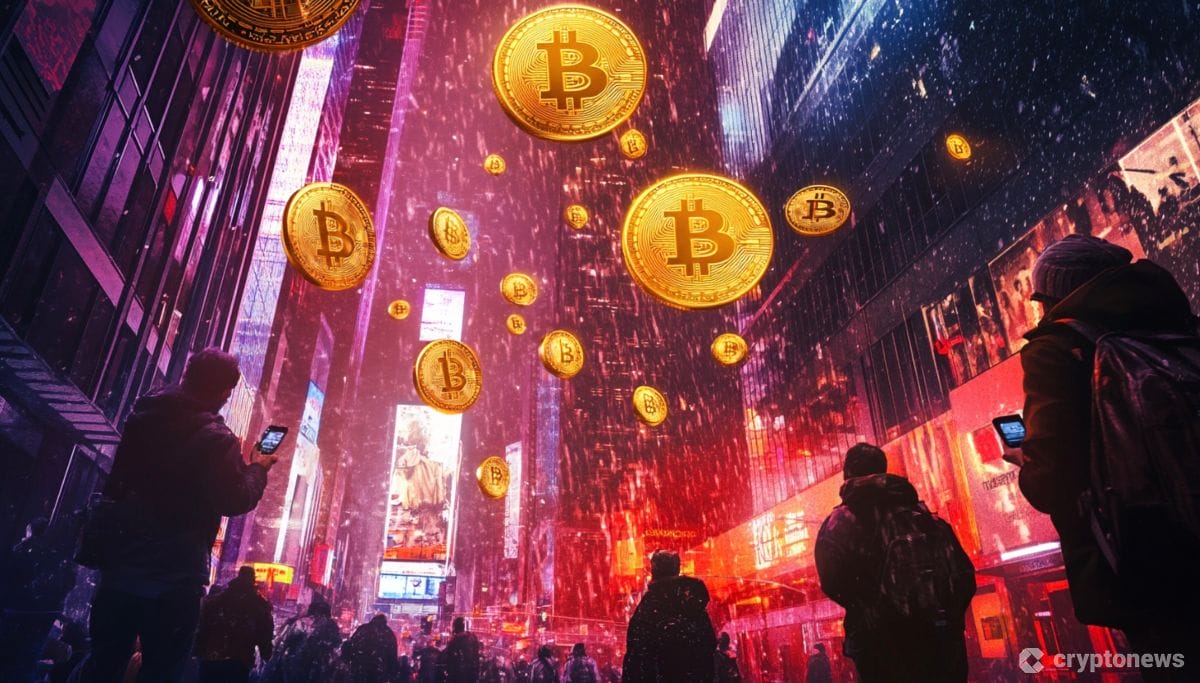 ビットコインが降り注ぐ深夜のビジネス街