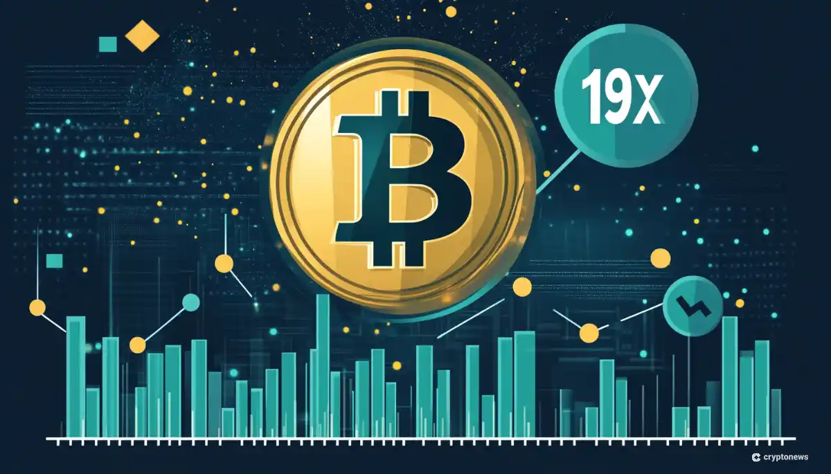 暗い青緑色の背景に、金色のビットコインのロゴが大きく配置されたイラスト。