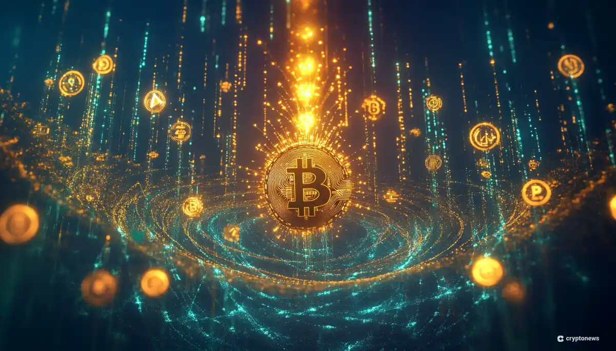 中央に金色に輝くビットコインコインが配置され、その周りを青と金色の光の渦が取り巻いている。