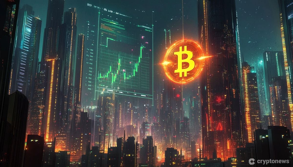 夜の近未来都市に浮かび上がるビットコインのシンボル
