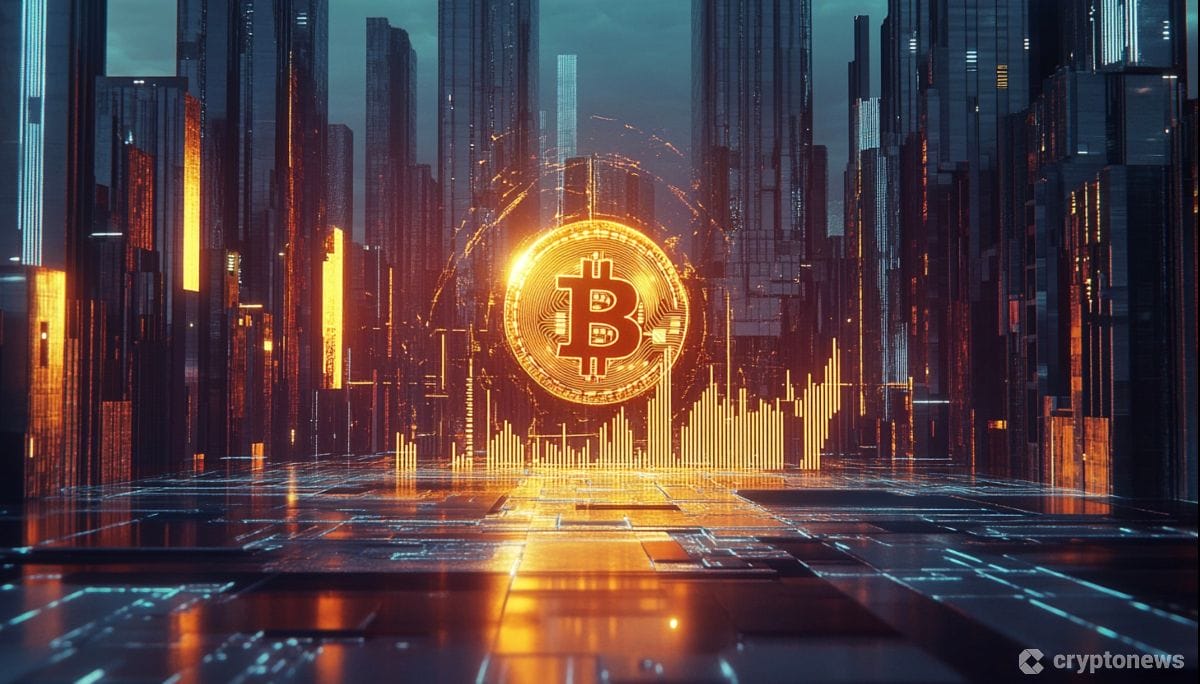 深夜の高層ビル群に浮かび上がったビットコインのシンボル