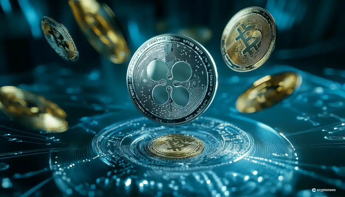 中央に銀色のリップル(XRP)コインが浮かび、周囲には金色のビットコインコインが散りばめられている3D画像。