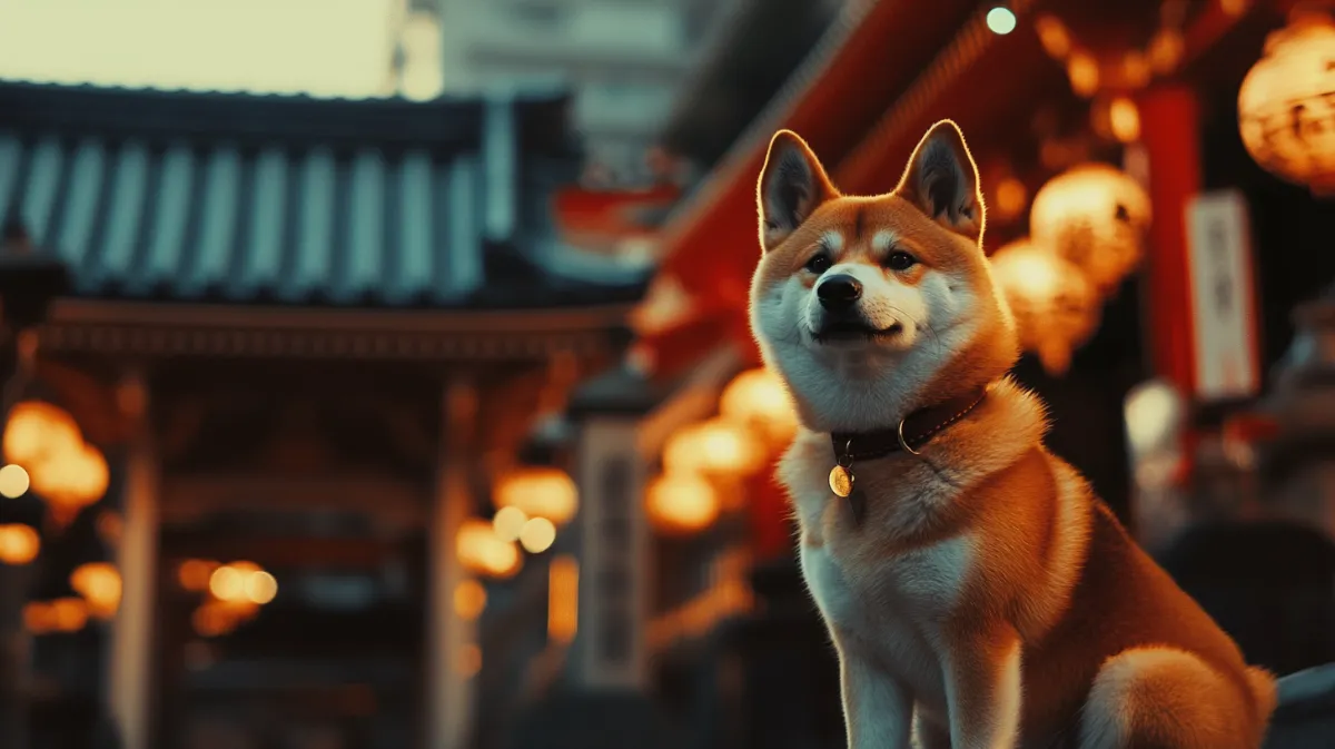 日本風の商店街に座る柴犬
