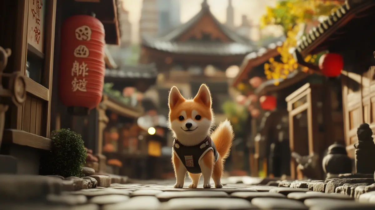 温泉街の道に座る子犬