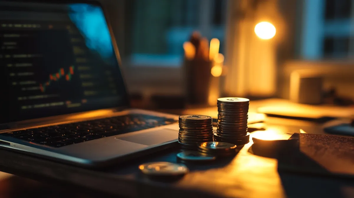 PCの前に置かれているコイン