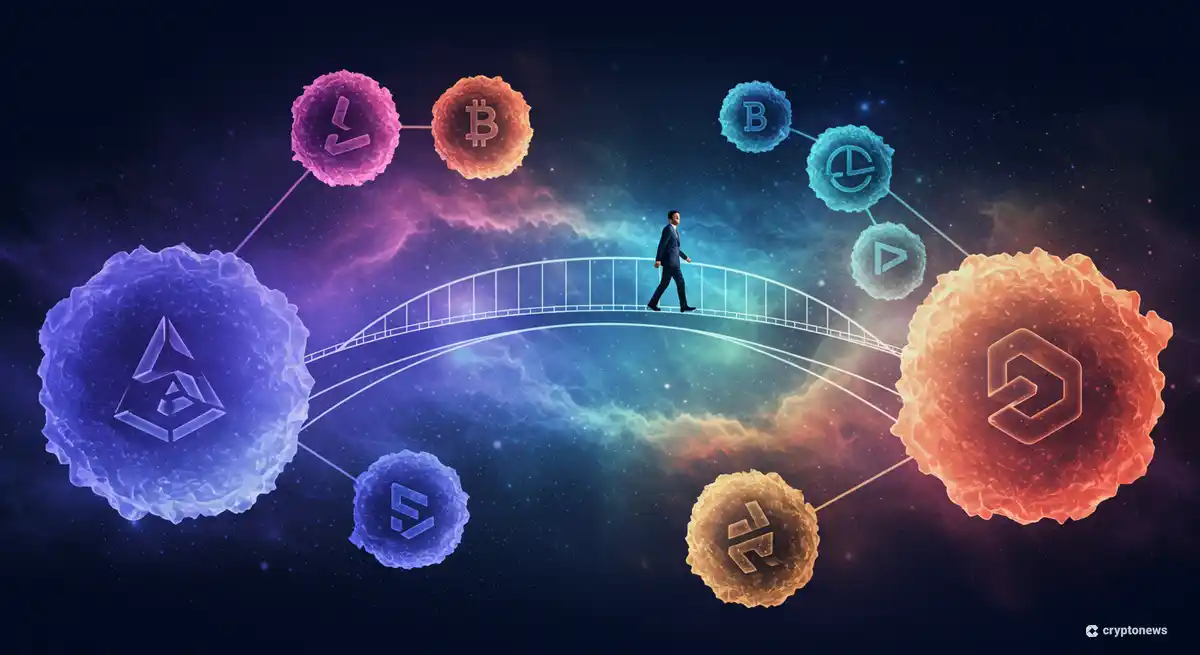 ブロックチェーン間の相互運用性を象徴する連結されたネットワーク図