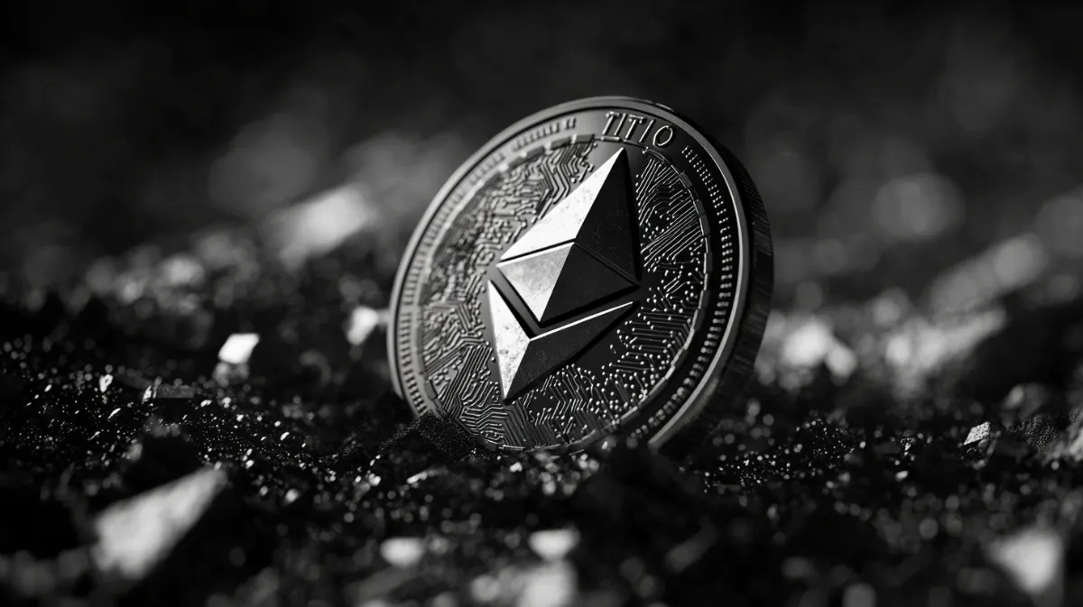 黒い地面に刺さっているETHのコイン