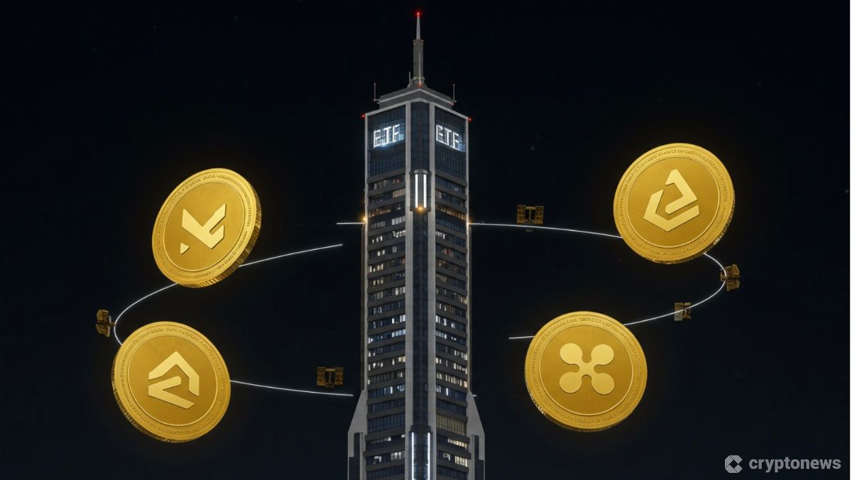 ドージコイン、XRP、ソラナのロゴが描かれたETFトークンのイラスト