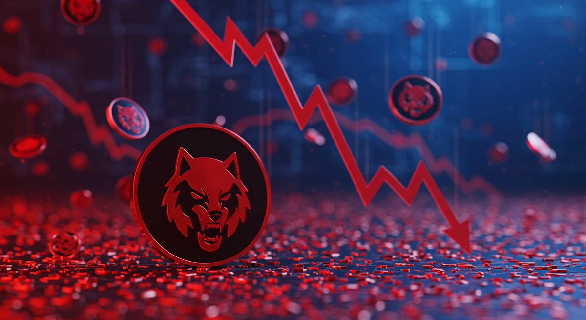 「WOLF」ミームコインの価格暴落を表すグラフとオオカミのシンボル