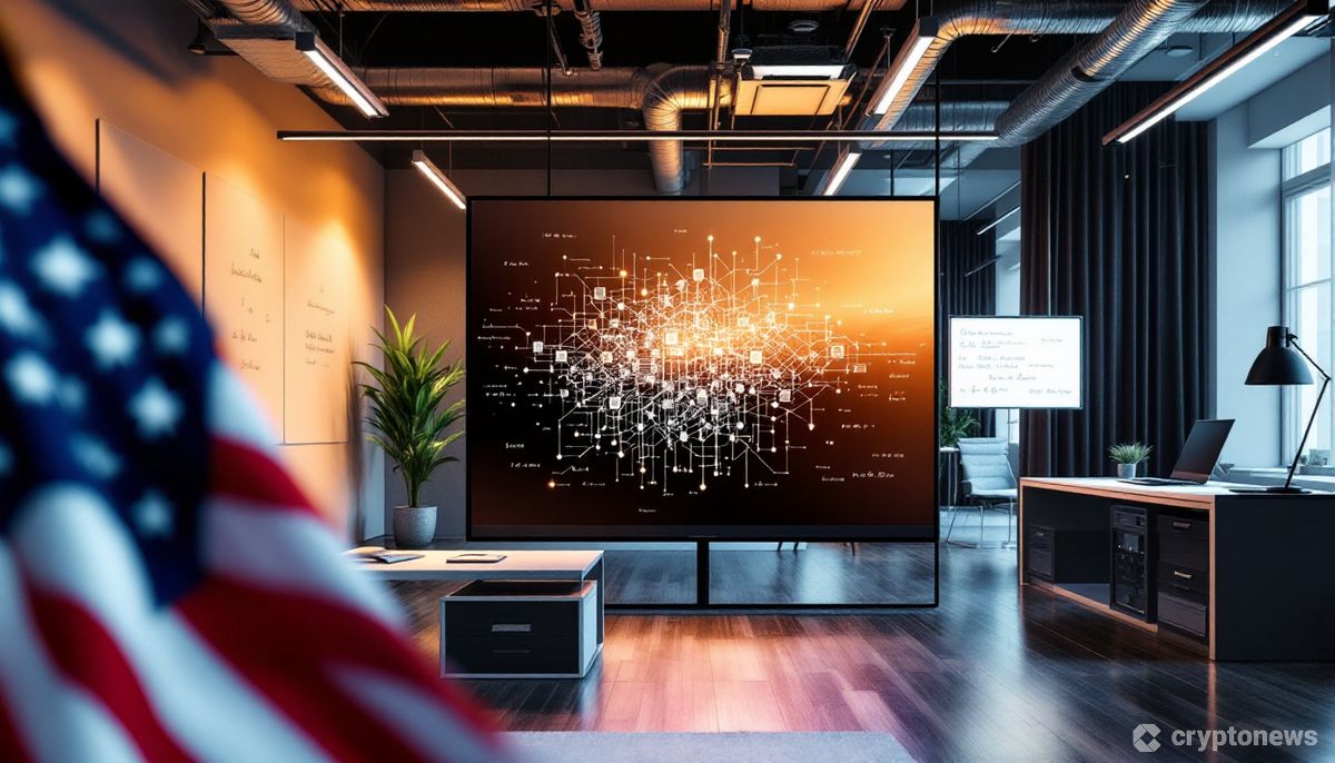 暗号資産とブロックチェーン技術を象徴するデジタル画面と米国旗