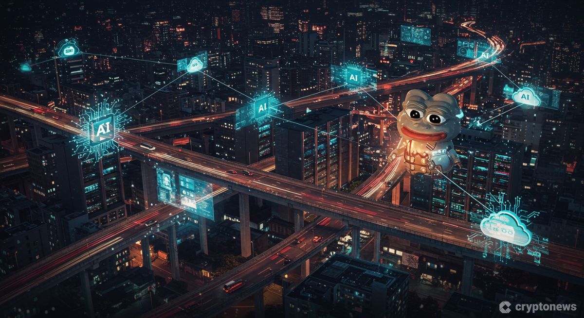 2025年に影響力を持つブロックチェーンプロジェクトとMIND of Pepeを視覚化した未来的な画像