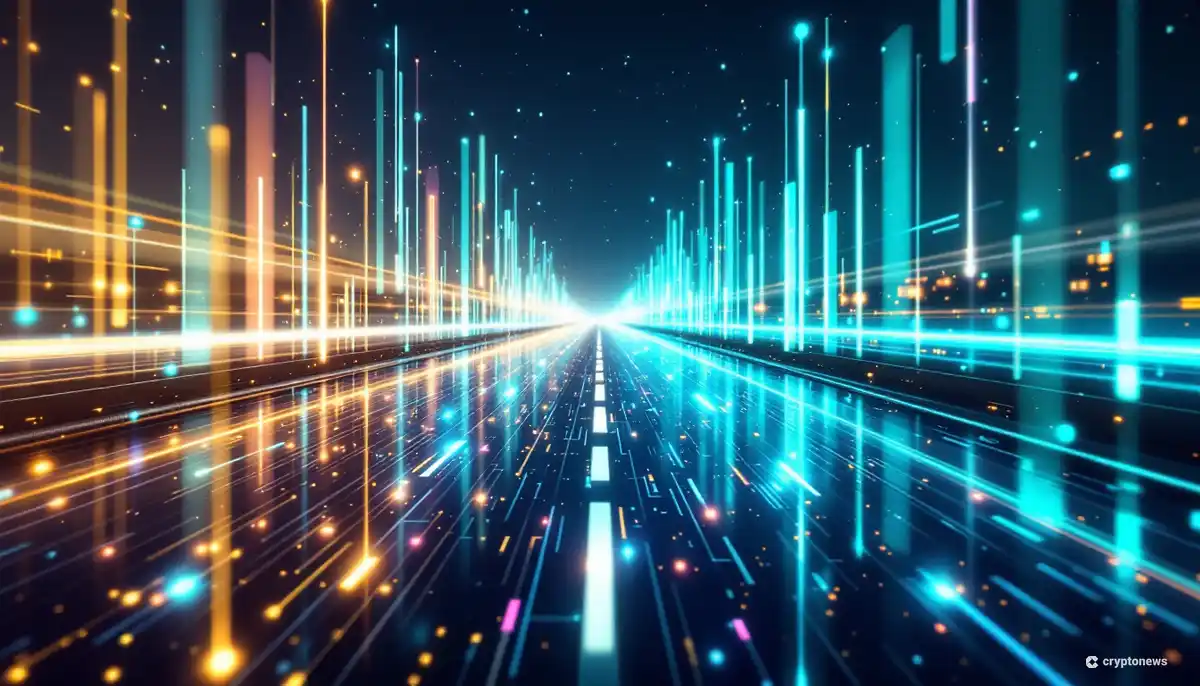イーサリアム拡張ソリューションMegaETHの高速処理能力を表現する未来的なデジタルハイウェイ