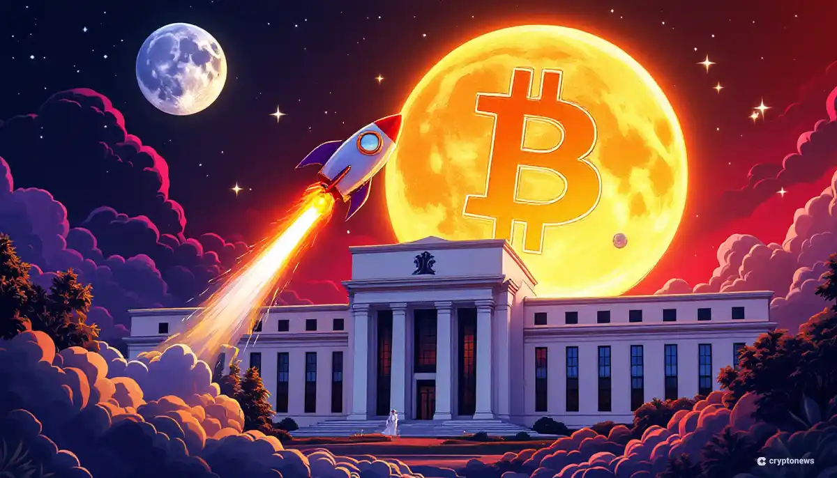 ビットコインが月に向かって上昇する様子と背景にある連邦準備制度のイメージ