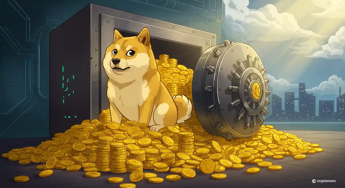 ドージコイン財団の準備金を表す柴犬マスコットと金庫