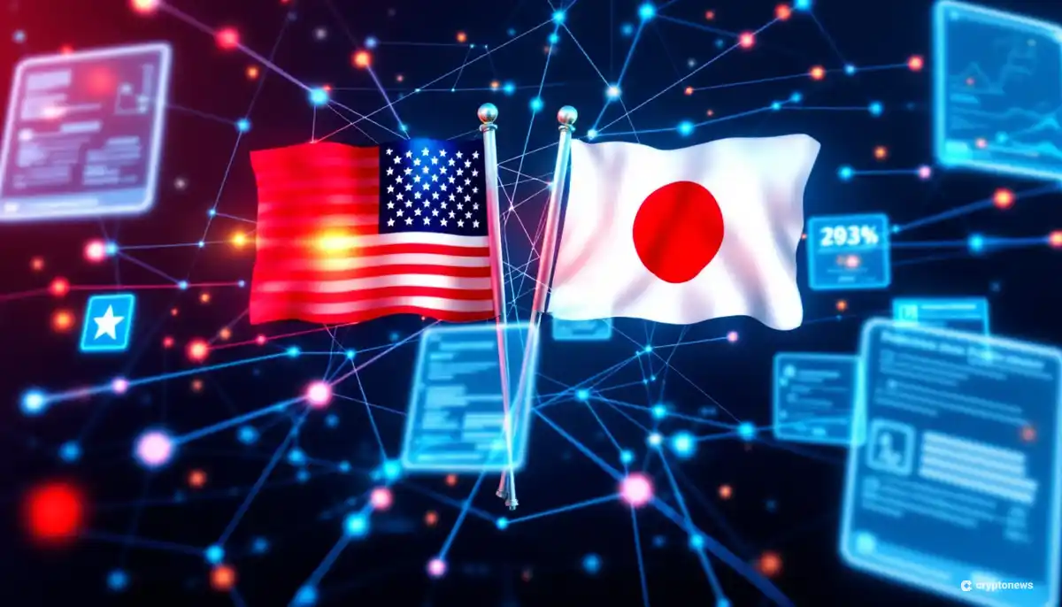 日米の国旗とブロックチェーンでつながる規制文書のイメージ