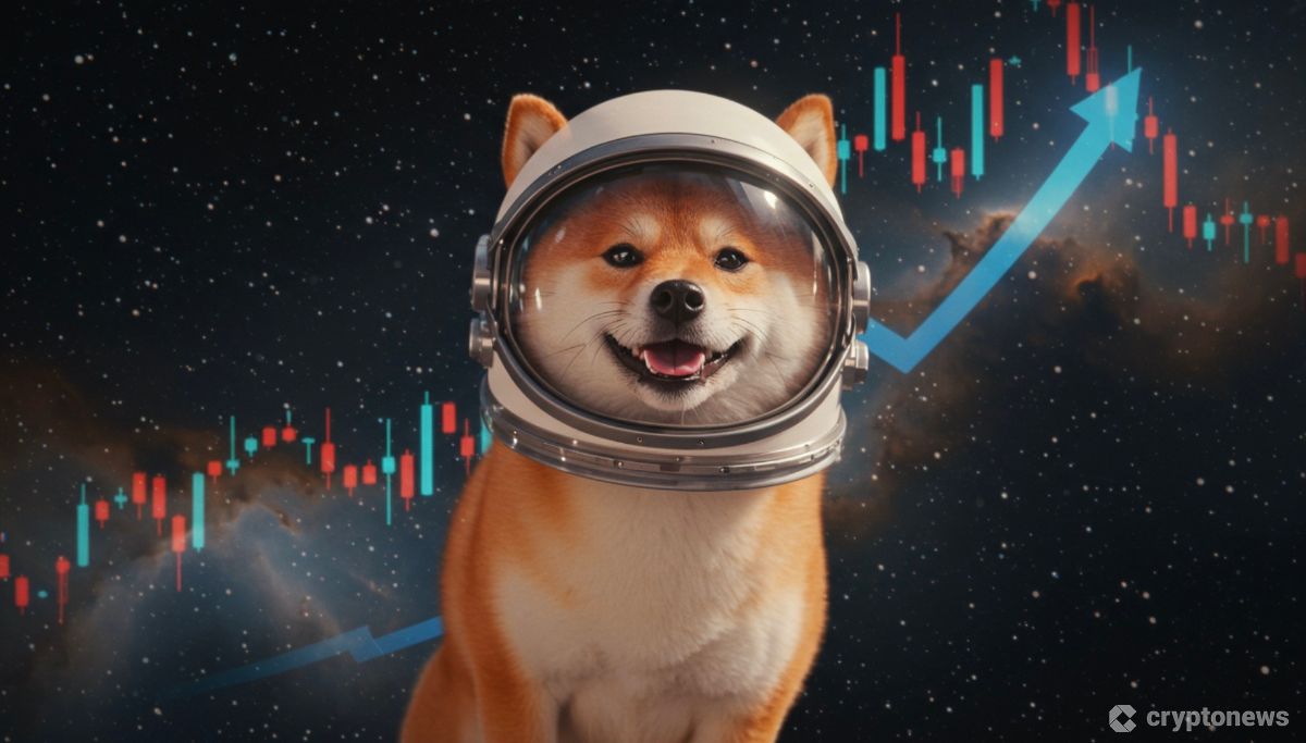 宇宙を飛ぶ柴犬のドージコインマスコットと上昇するチャート