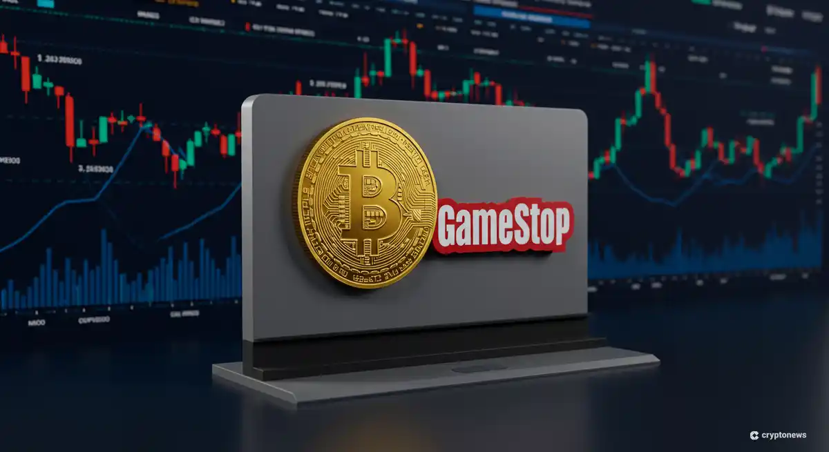 ゲームストップの店舗とビットコインのシンボルを組み合わせたイメージ