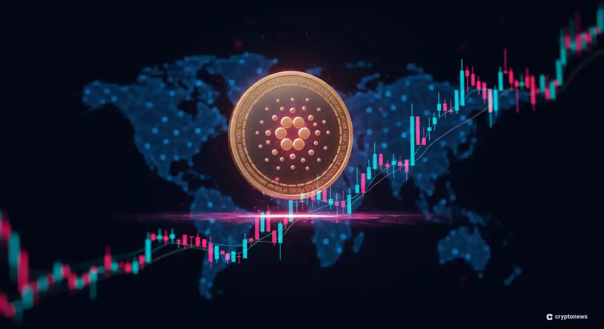 カルダノの価格上昇チャートとSolaxyトークンの未来的な仮想通貨イメージ