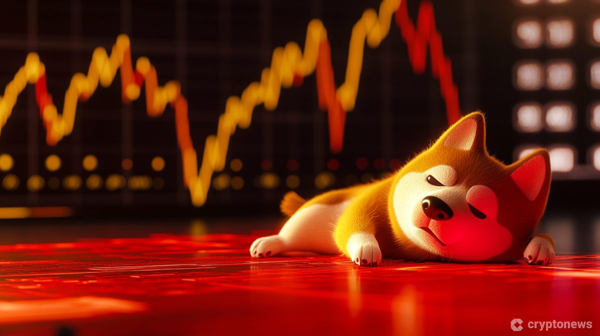 下落するドージコインのマスコットキャラクターと価格チャート