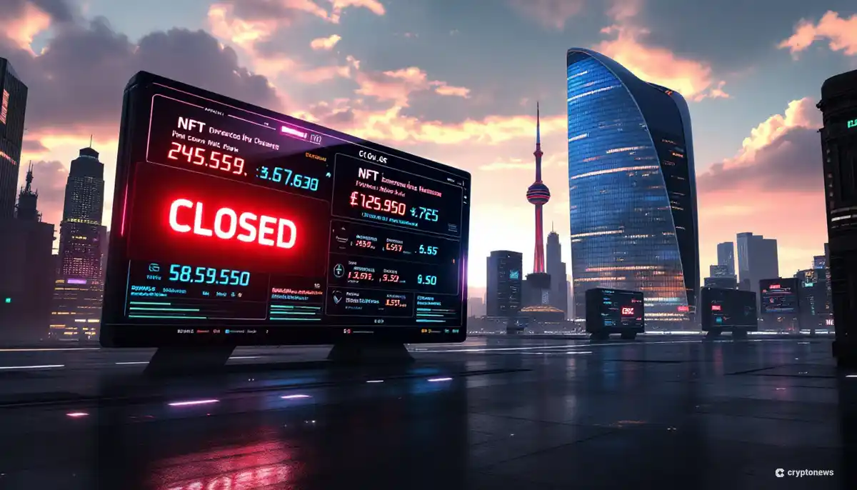 バイビットのNFTマーケットプレイス閉鎖を表現する衰退するデジタル画面