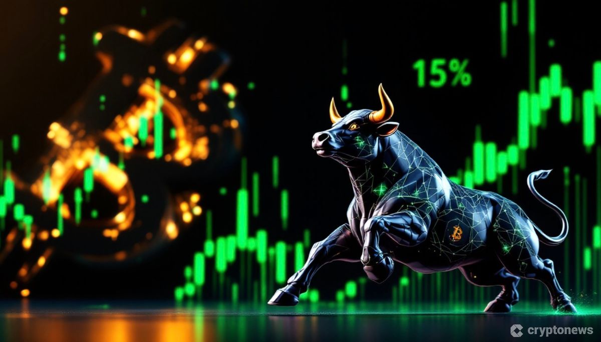 ビットコインと共に上昇するBTC Bull Tokenを象徴する暴れ牛のイラスト