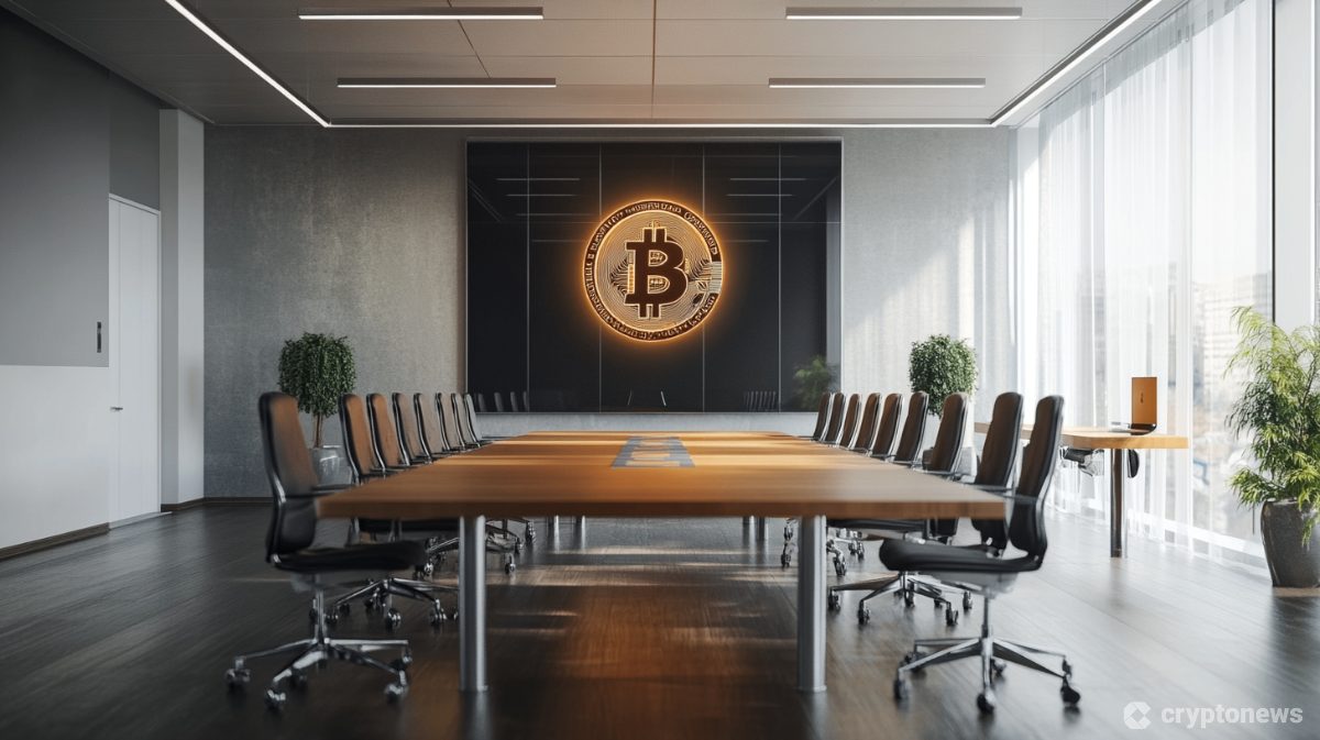 ビットコインのロゴが表示された未来的な会議室のイメージ